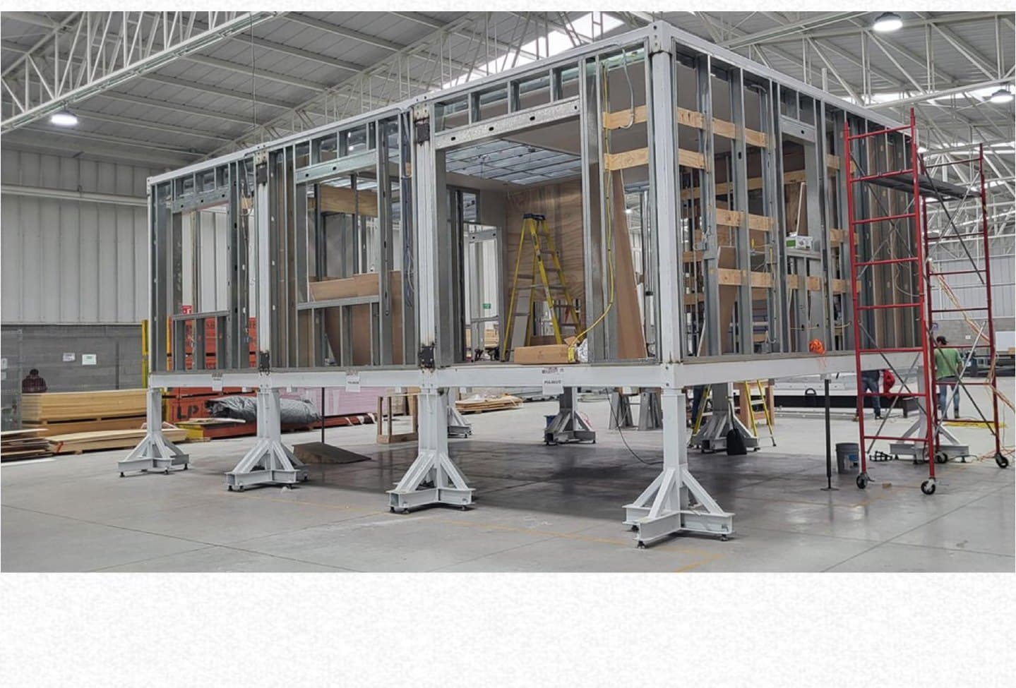 An Olympus steel Moment Frame module under construction on the factory line