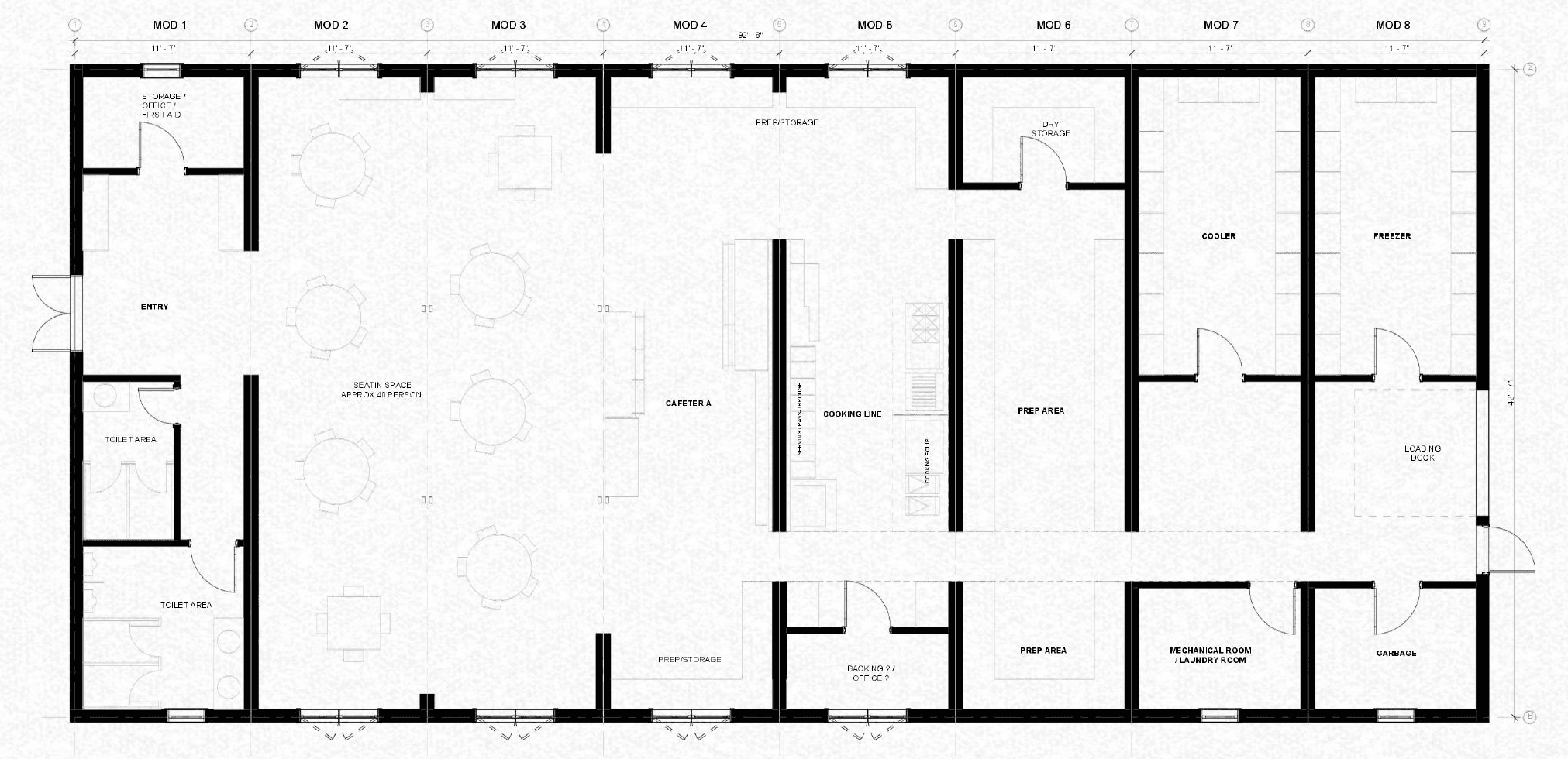Commercial kitchen and cafeteria module floor plan