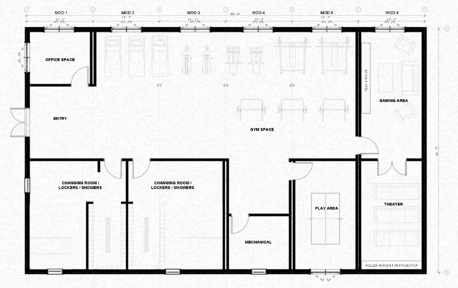 Recreation module floor plan — gym, lounge, theater, lockers